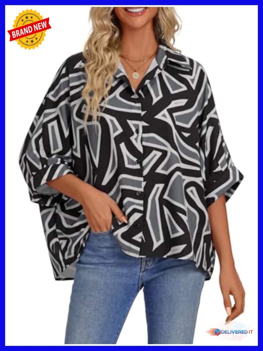 Women's Striped Button Down Blouse Loose Fit Half Sleeve V-Neck Top